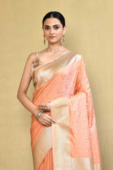 Light Peach Handloom Reshmi Tanchoi Banarasi Saree With Handwoven  Border